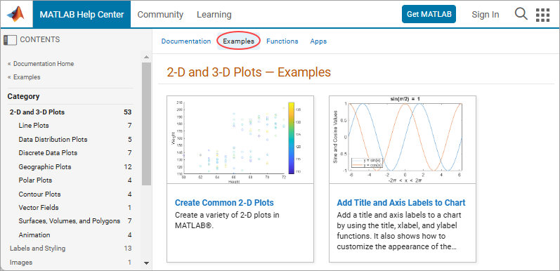 Help browser showing the first three MATLAB Graphics 2-D and 3-D Plots examples. The Examples filter at the top of the page is circled.