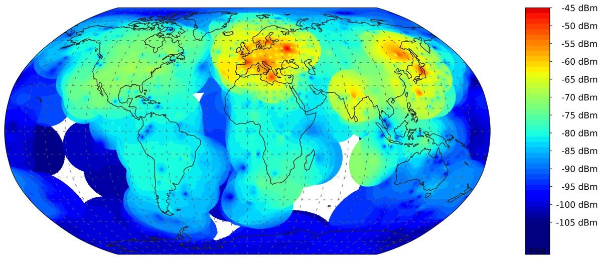 유럽, 동아시아, 북미에서 무선 오염 농도가 가장 크다는 사실을 보여주는 컬러 코딩된 지구 지도.