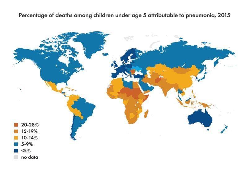 A global map shows the percentage of deaths among children under age five due to pneumonia.