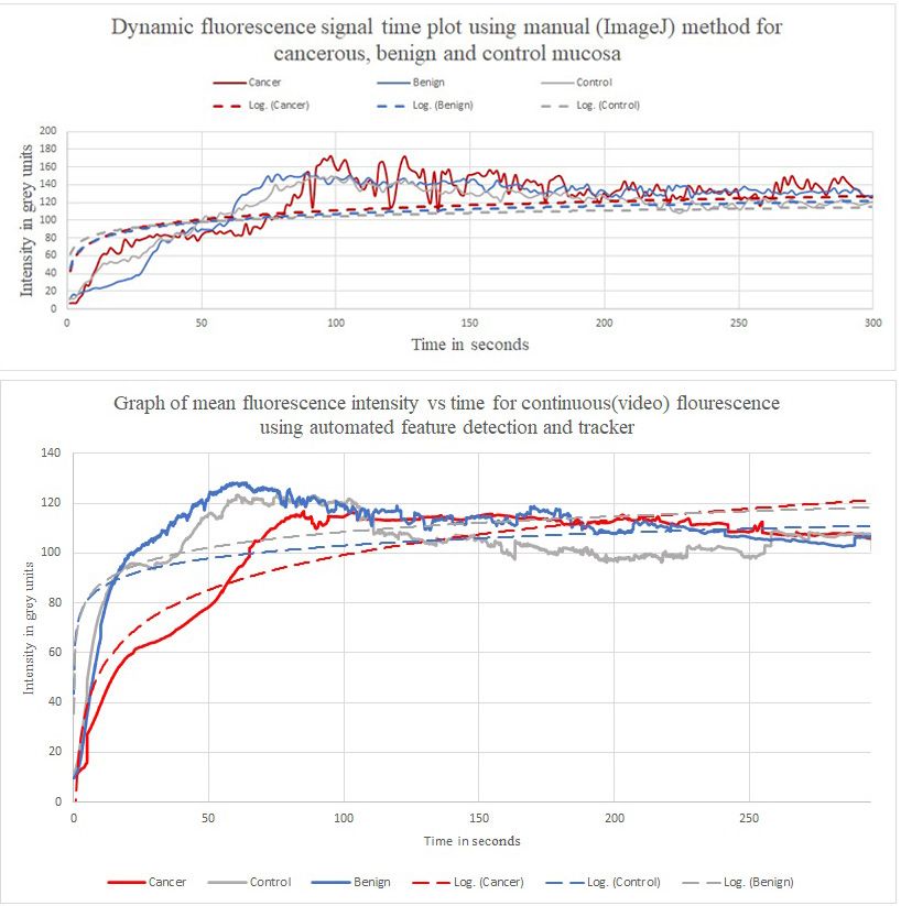 Two fluorescence intensity versus time plots