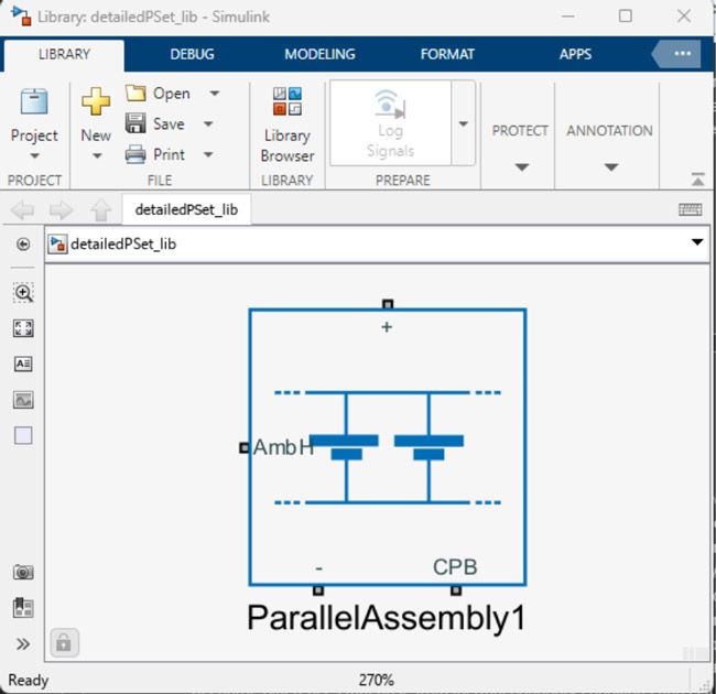 A screenshot of Simulink showing a model for the Parallel Assembly battery module using About:Energy blocks.