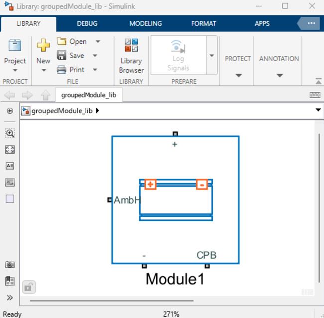 A screenshot of Simulink showing a model for a battery module using About:Energy blocks.