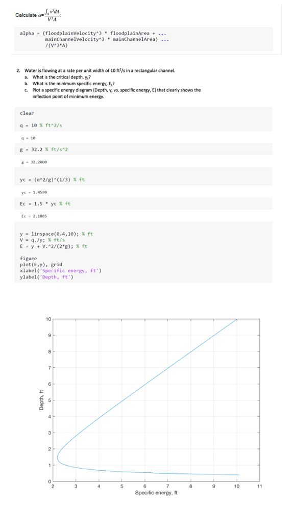 Figure 1. MATLAB live script, created by a student for a homework assignment. Top: Code calculating the kinetic energy correction coefficient α. Bottom: Plot of minimum specific energy for a rectangular channel.