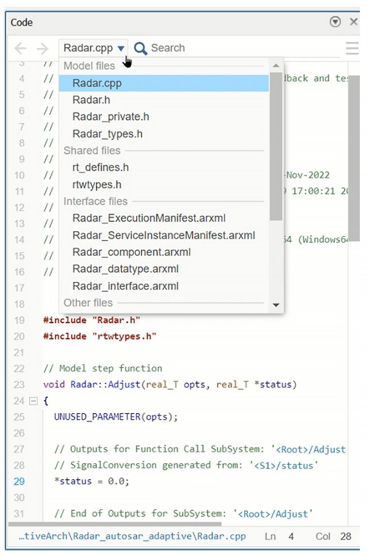 AUTOSAR Adaptive 애플리케이션에 대한 C++ 코드 인터페이스 파일 생성의 스크린샷.