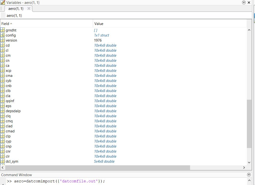 使用命令将DATCOM输出导入MATLAB
