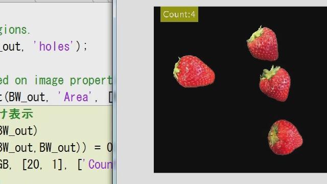 わずか10行あまりのコーディングとマウスで操作するアプリを用い、様々な形があるイチゴの寸法を測定し、個数カウントを行う例をご紹介します。農業や水産業など、不定形な対象の画像領域解析に活用いただけます。