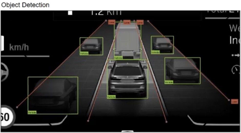 객체 검출을 시연하고 있는 BMW ADV(Assisted Driver View)의 스크린샷.