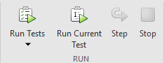 Run Tests, Run Current Test, Step, Stop 등에 대한 아이콘이 표시되는 MATLAB 편집기 툴스트립의 실행 섹션 스크린샷.