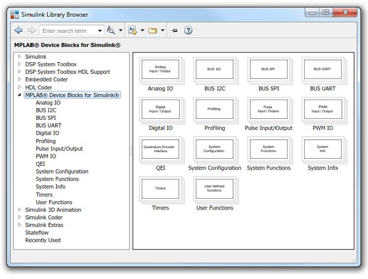 Microchip MPLAB Device Blocks for Simulink library overview.