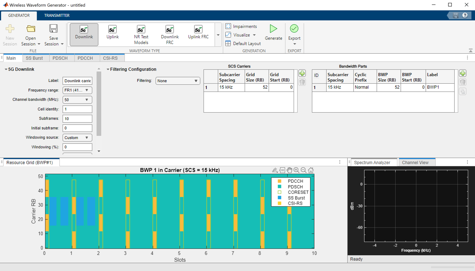 5G Waveform Generator app open with the settings specified by the configuration object