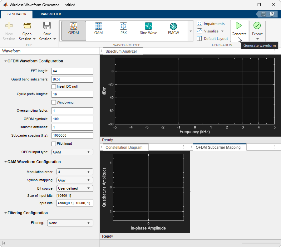 Generate waveform in Wireless Waveform Generator app