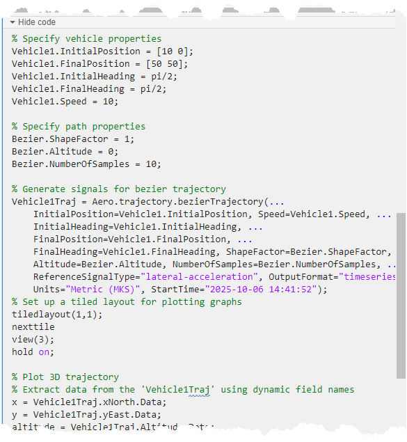 Generated code for Bezier trajectory