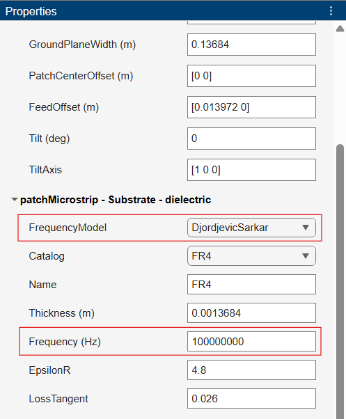 Properties panel for patchMicrostrip – Substrate – dielectric section with FrequencyModel set to DjordjevicSarkar. Additional fields are visible, including substrate catalog set to FR4, thickness value, and an enabled Frequency (Hz) input field.