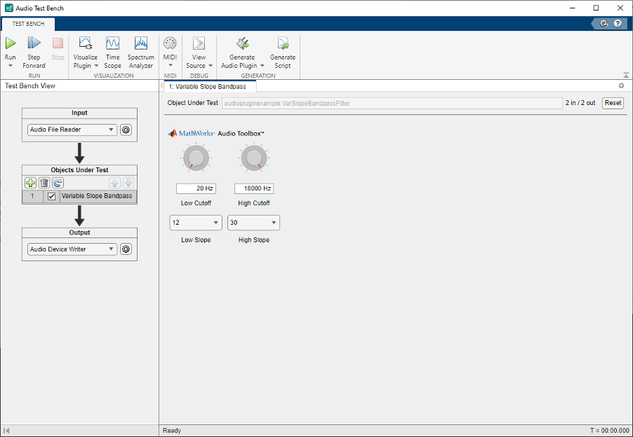 Screenshot of the Variable Slope Bandpass Filter plugin interface in the Audio Test Bench