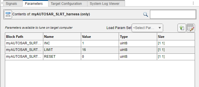 The parameters tab in Simulink Real-Time Explorer.