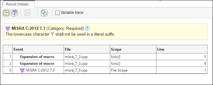 Event list below result message points to locations where macro is used.