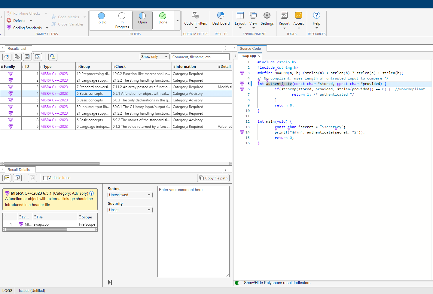 A snapshot of a typical Polyspace result showing a coding rule violation.