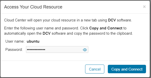 Access your cloud resource dialog with the user name and password for accessing the newly created MATLAB cloud resource.