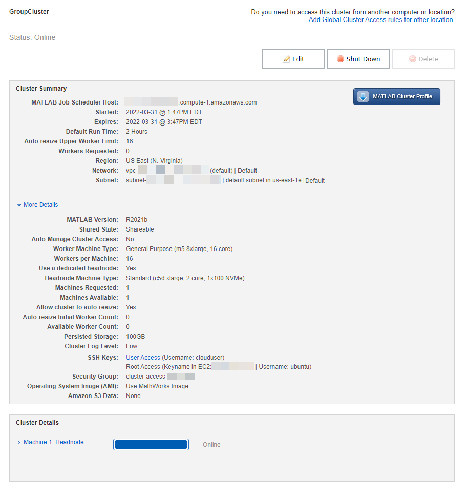 Cluster Summary window. The Default Run Time field is 2 Hours, Workers per Machine is 16 and the Shared State under More Details is Shareable.