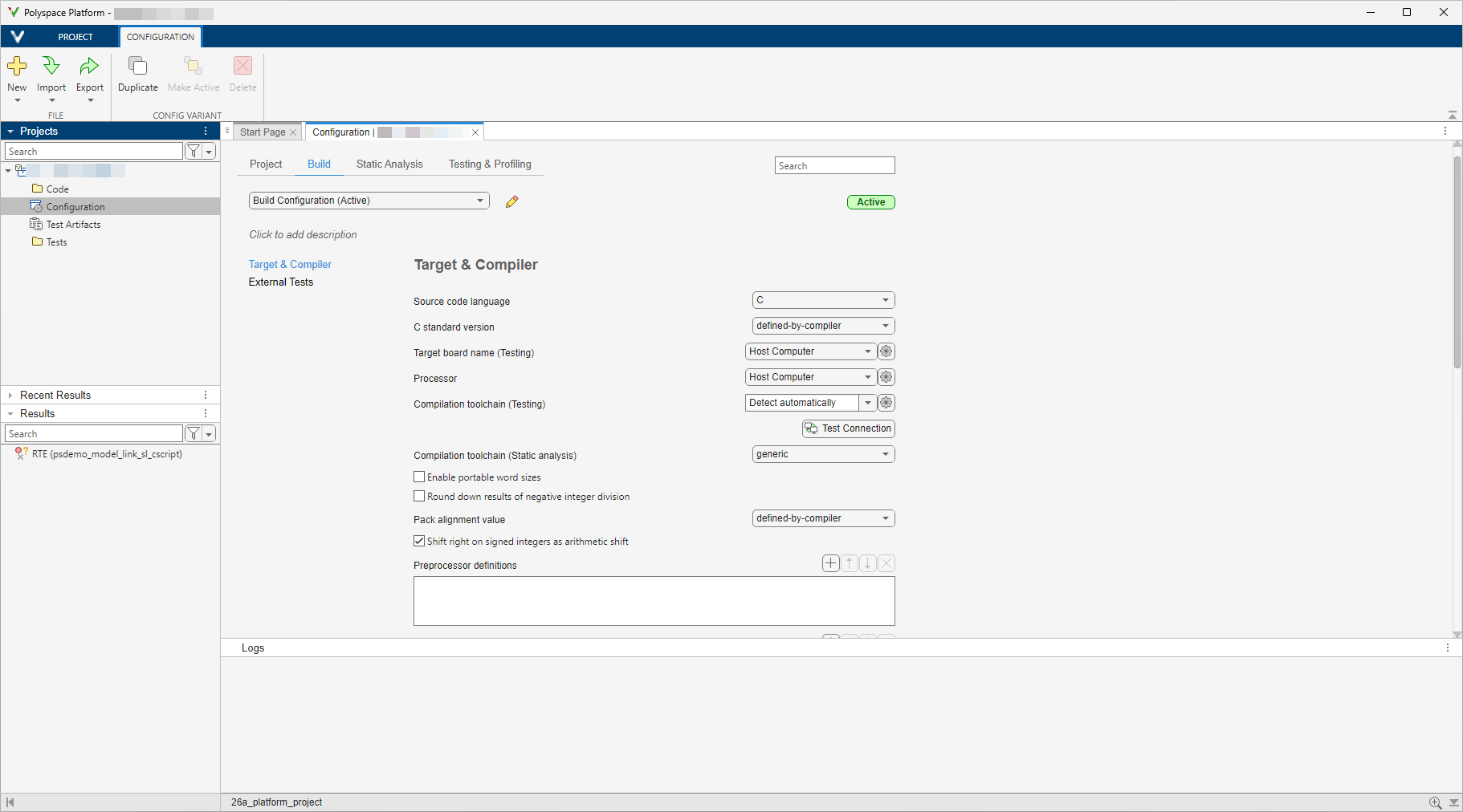 Configuration pane in the Polyspace Platform user interface..