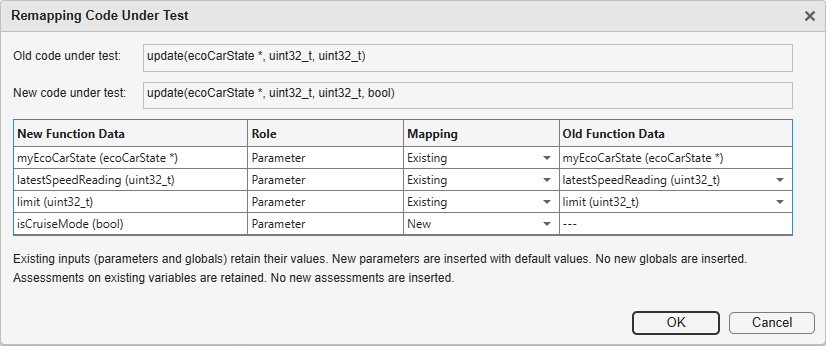Remapping Code Under Test dialog box. The Mapping column shows whether a parameter is new or existing. For existing parameters, the Old Function Data column shows which old function parameter is mapped to the current parameter.