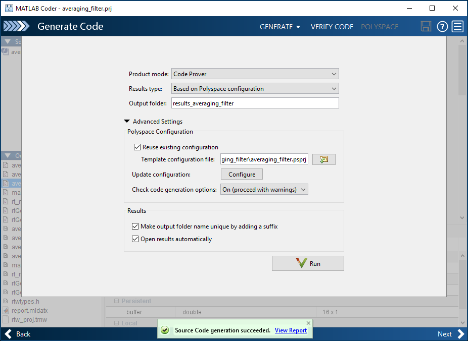 A snapshot of the Advanced Settings section on the Polyspace tab of the MATLAB Coder app.