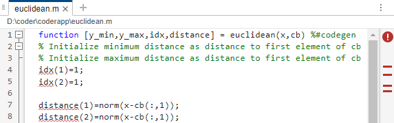Code Analyzer window containing sample code, showing red indicator and underlining corresponding to detected code generation issues