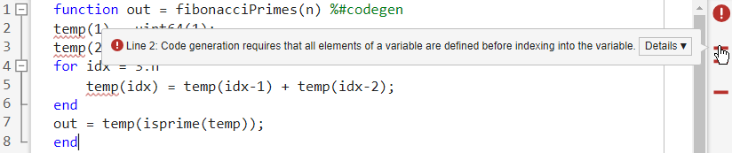 MATLAB Editor showing Code Analyzer error
