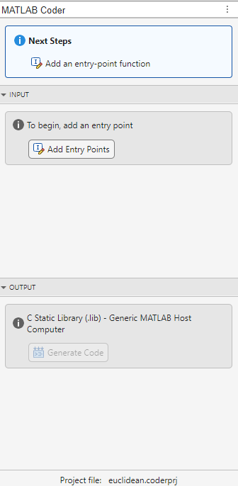 Screenshot of the MATLAB Coder panel.