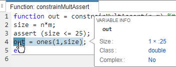 Code generation report, showing the size of out