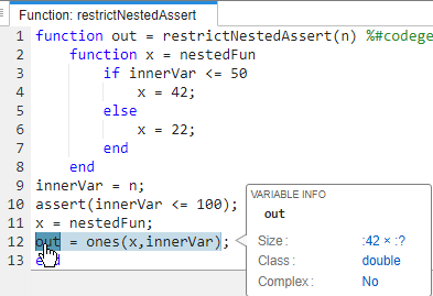 Code generation report, showing the size of out