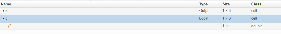 This image shows a homogenous cell array in a report. the notation {:} appears below the array c.