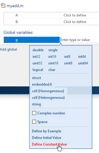 App dialog box, highlighting Define Constant Value menu item