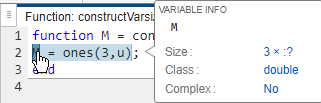 Code generation report showing variable-size dimension