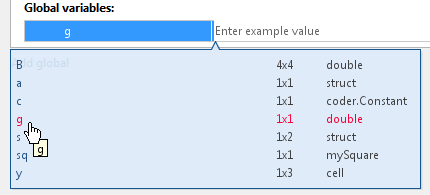 App dialog box, showing list of workspace variables. Variable g, a scalar double, is highlighted.