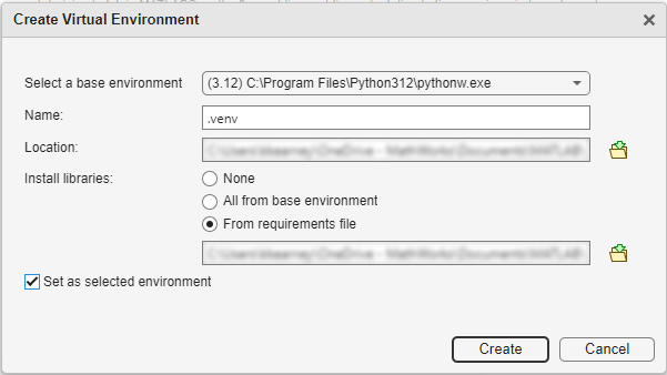 A window titled "Create Virtual Environment" It contains dropdown and text fields for selecting a base environment, entering a name, and specifying a location. There are radio buttons to choose library installation options: "None", "All from base environment", or "From requirements file" (with an additional input field for the requirements file). There is also a checkbox labeled "Set as selected environment". At the bottom, there are two buttons: "Create" (disabled until necessary fields are completed) and "Cancel". Small folder icons appear next to the location and requirements file fields, allowing the user to browse for a file rather than type in a path.