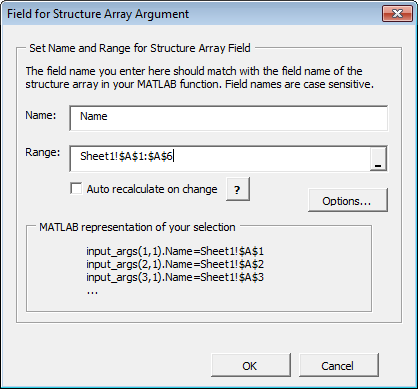 The Field for Structure Array Argument panel with the Name and Range fields filled in