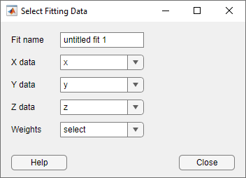 Select Fitting Data dialog box, populated by the Franke data