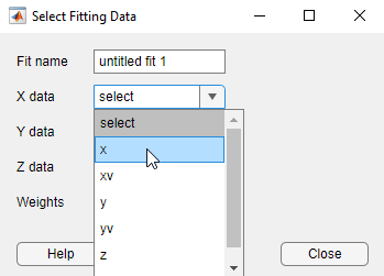 Select Fitting Data dialog box with Franke fitting data