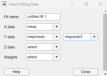 Select Fitting Data dialog box with a vector variable selected for the X data and a table variable selected for the Y data