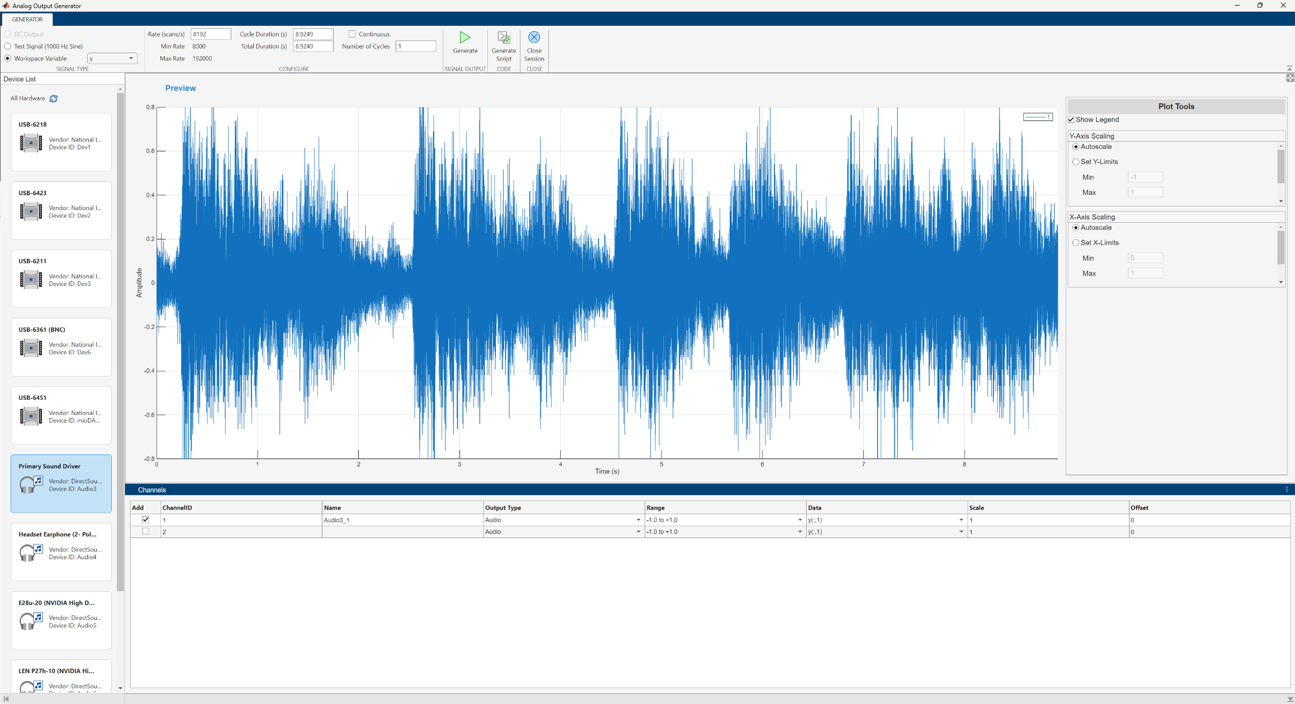Analog Output Generator app configured to output audio
