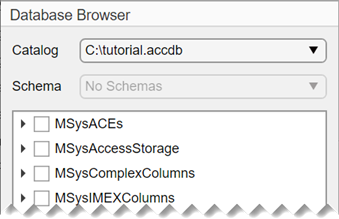 Database Browser showing the list of tables in C:\tutorial.accdb