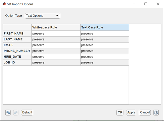 Set Import Options dialog box with Text Options selected