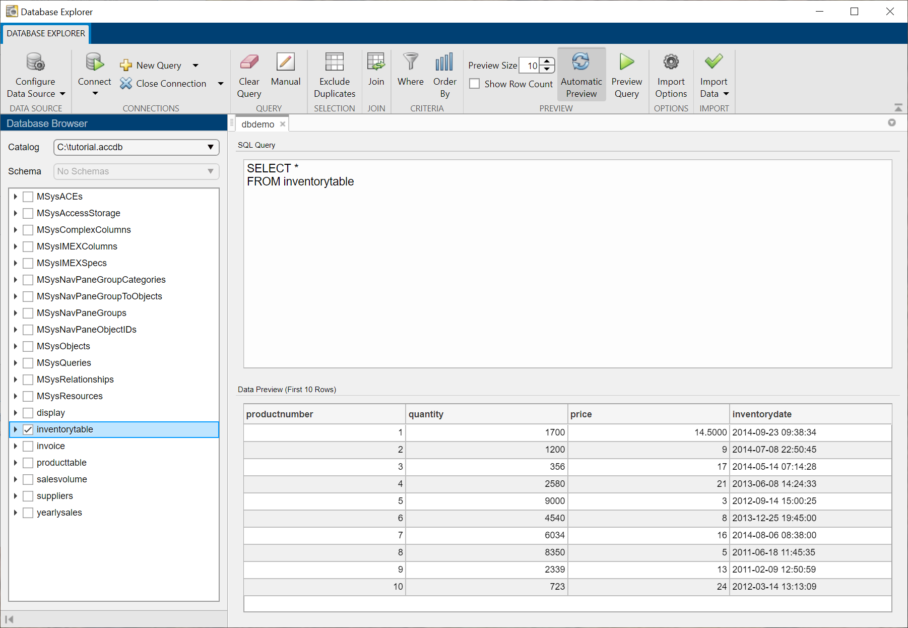 The Database Browser pane shows the selected table inventoryTable in the Database Explorer app. The SQL Query pane shows the SQL SELECT query that selects all rows from the inventoryTable and the Data Preview pane shows the first 10 rows of data returned from the query.