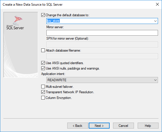 Create a New Data Source to SQL Server dialog box with toy_store as the default database