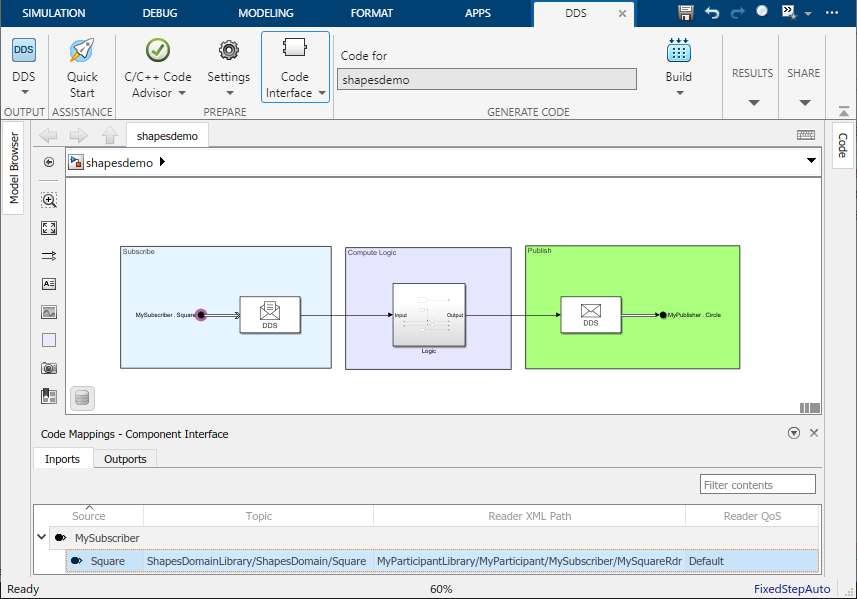 Inports tab of the Code Mappings editor open in DDS model.