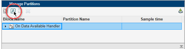 Manage Partitions pane of the Schedule Editor. The On Data Available Handler subsystem is selected. The Schedule as aperiodic partition button is highlighted.