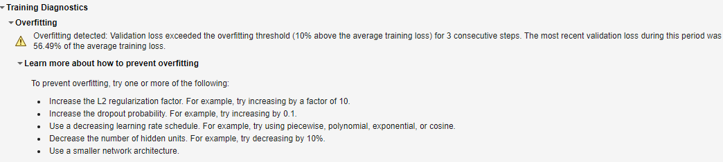 Overfitting warning and troubleshooting suggestions in the Training Diagnostics panel