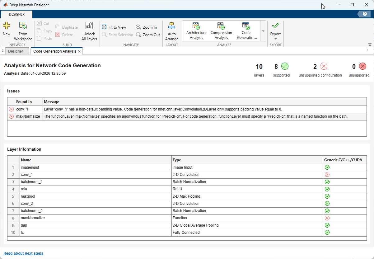 Code Generation Analysis tab showing two issues: Layer conv_1 has nondefault padding value and layer maxNormalize specifies an anonymous function.