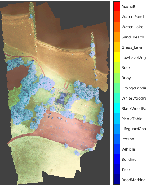 Aerial photograph of Hamlin Beach State Park with colored pixel label overlay that indicates regions of grass, trees, sandy beach, asphalt, and other classes